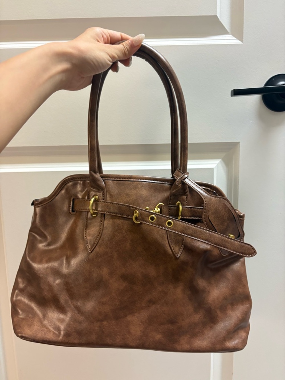 Brown Leather-Style Satchel Handbag